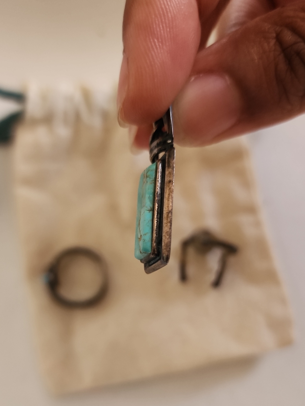 Vintage Turquoise Stone Pendant & 2 Ring Jewelry Set Silver Tone - Picture 9 of 12